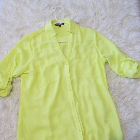 🔴🔴🔴SOLD🔴🔴🔴Express Women's Portofino Collared date night Shirt top Size S neon - Picture 6 of 7